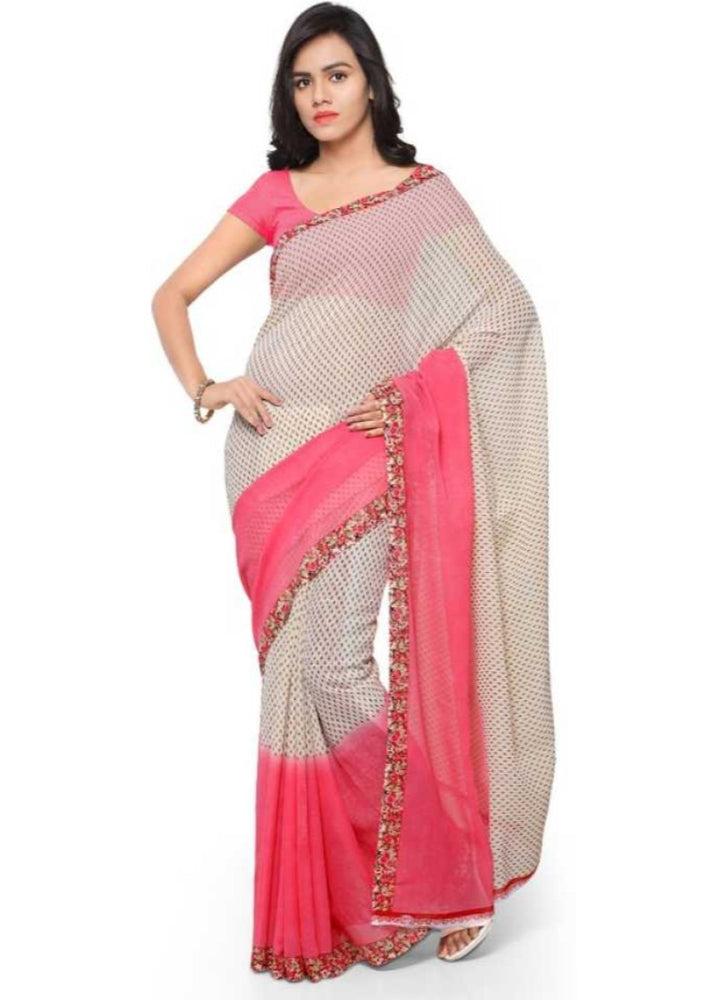 Printed Faux Georgette Pink Color Saree only in Bigswipe