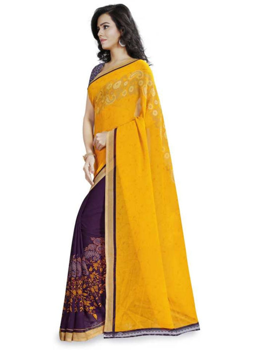 Printed Faux Georgette Yellow Color Saree only in Bigswipe