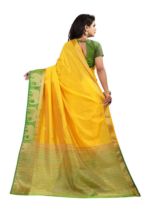 Yellow Color Printed Silk Blend Saree With Blouse