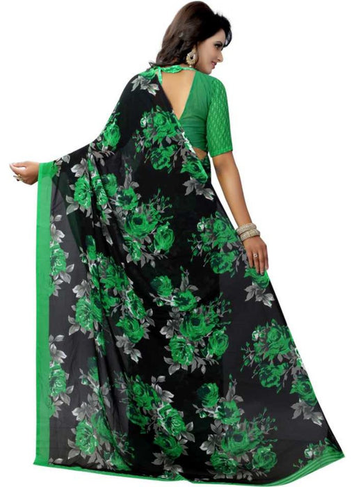 Black And Green Color Printed Georgette Saree With Blouse only in Bigswipe