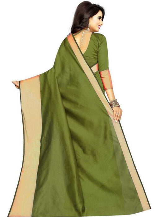 Mehandi Color Printed Cotton Polyester Silk Saree With Blouse only in Bigswipe