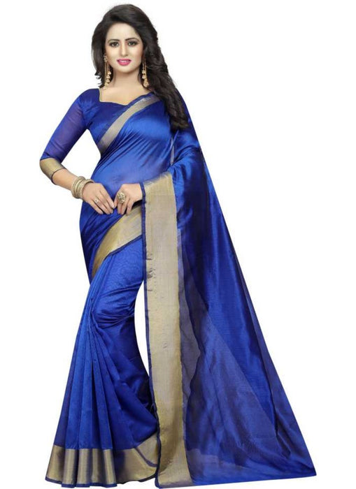 Blue Color Printed Cotton Polyester Silk Saree With Blouse only in Bigswipe