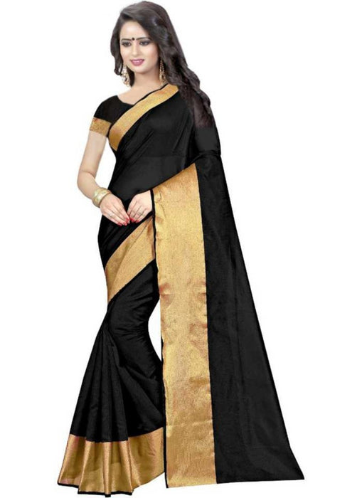 Black Color Printed Cotton Polyester Silk Saree With Blouse only in Bigswipe