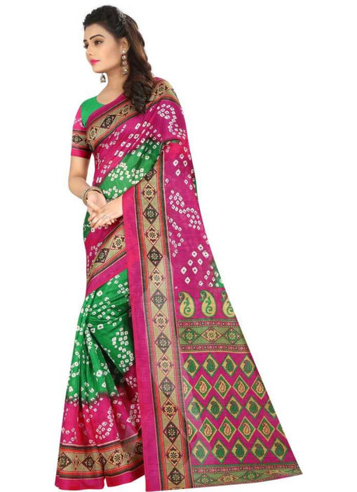 Pink And Green Color Printed Bhagalpuri Silk Saree With Blouse only in Bigswipe