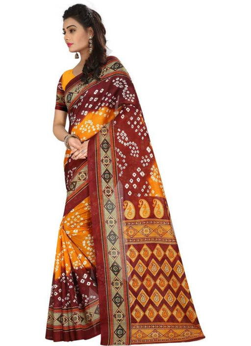 Yellow And Maroon Color Printed Bhagalpuri Silk Saree With Blouse