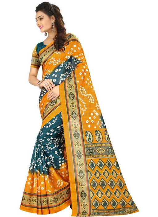 Yellow And Green Color Printed Bhagalpuri Silk Saree With Blouse