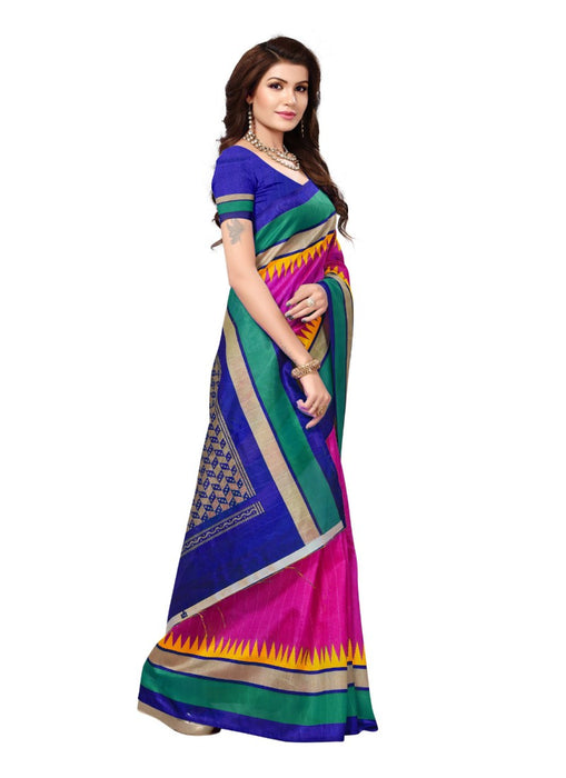 Pink And Blue Color Printed Bhagalpuri Silk Saree With Blouse only in Bigswipe