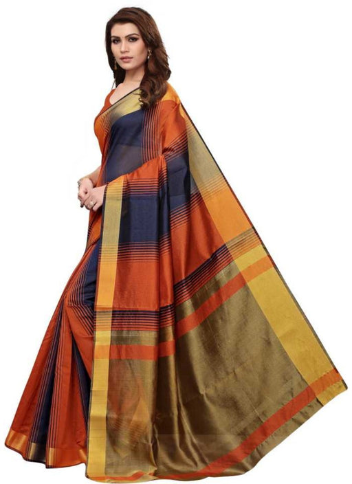 Orange And Navy Blue Color Printed Cotton Silk Saree With Blouse only in Bigswipe