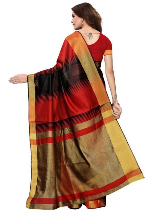 Black And Red Color Printed Cotton Silk Saree With Blouse only in Bigswipe