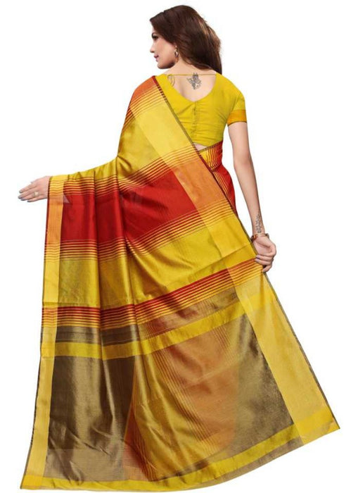 Yellow And Red Color Printed Cotton Silk Saree With Blouse