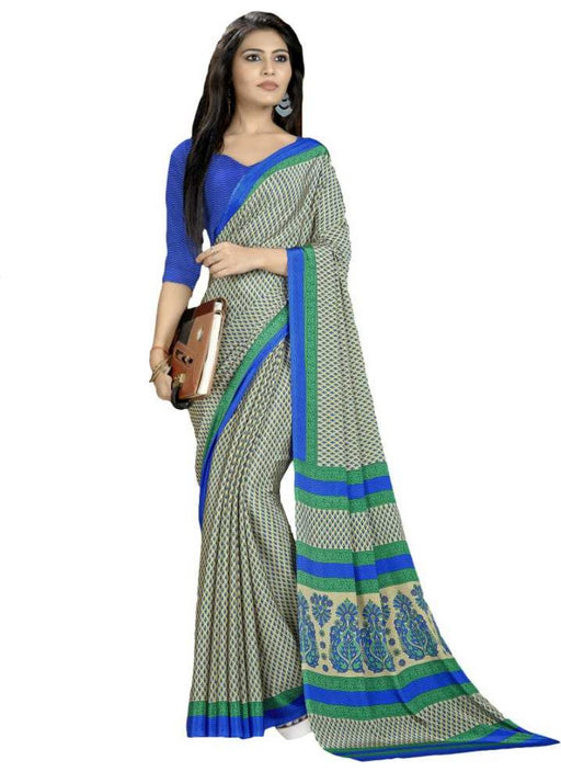 Cream And Blue Color Printed Silk Crepe Saree With Blouse only in Bigswipe