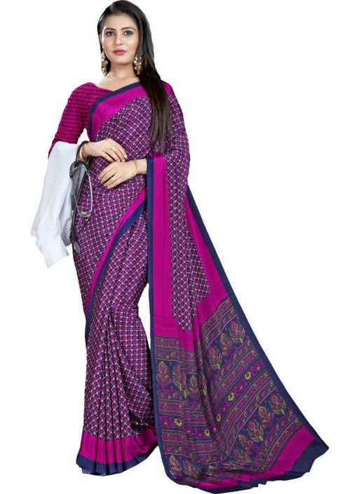 Pink And Blue Color Printed Silk Crepe Saree With Blouse only in Bigswipe