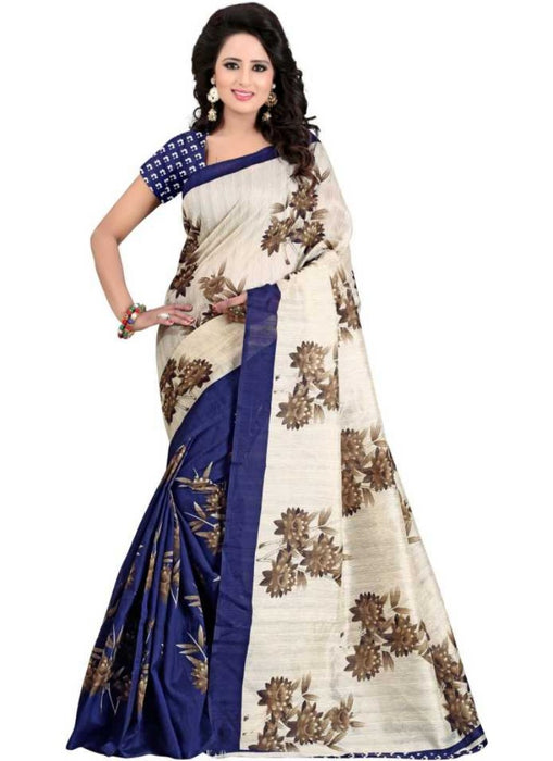 Cream Color Printed Bhagalpuri Silk Saree With Blouse only in Bigswipe