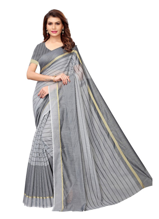 Grey Color Printed Cotton Silk Saree With Blouse only in Bigswipe