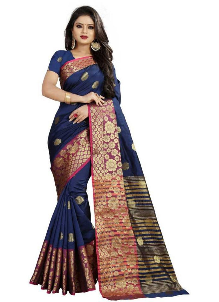 Navy Blue Color Weaving Cotton Silk Saree With Blouse only in Bigswipe