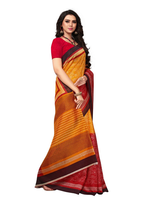 Red And Orange Color Printed Bhagalpuri Silk Saree With Blouse