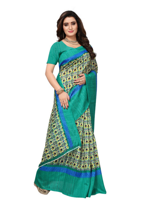 Green and beige Color Printed Bhagalpuri Silk Saree With Blouse only in Bigswipe