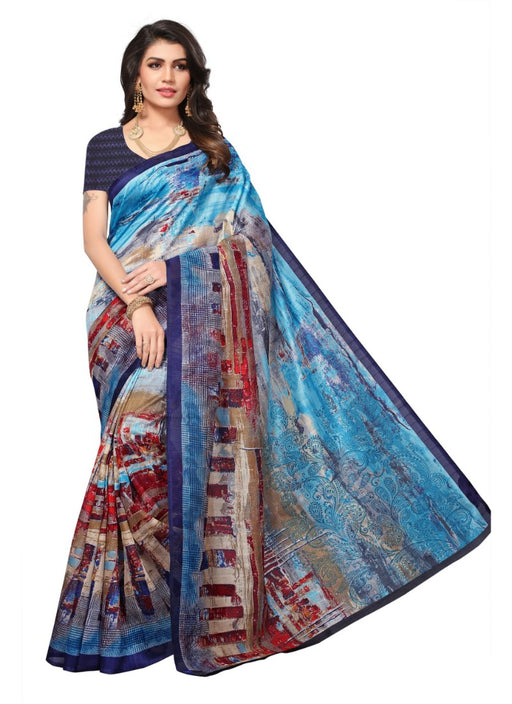 Blue Color Printed Bhagalpuri Silk Saree With Blouse only in Bigswipe