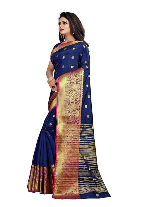 Navy Blue Color Weaving Cotton Silk Saree With Blouse only in Bigswipe