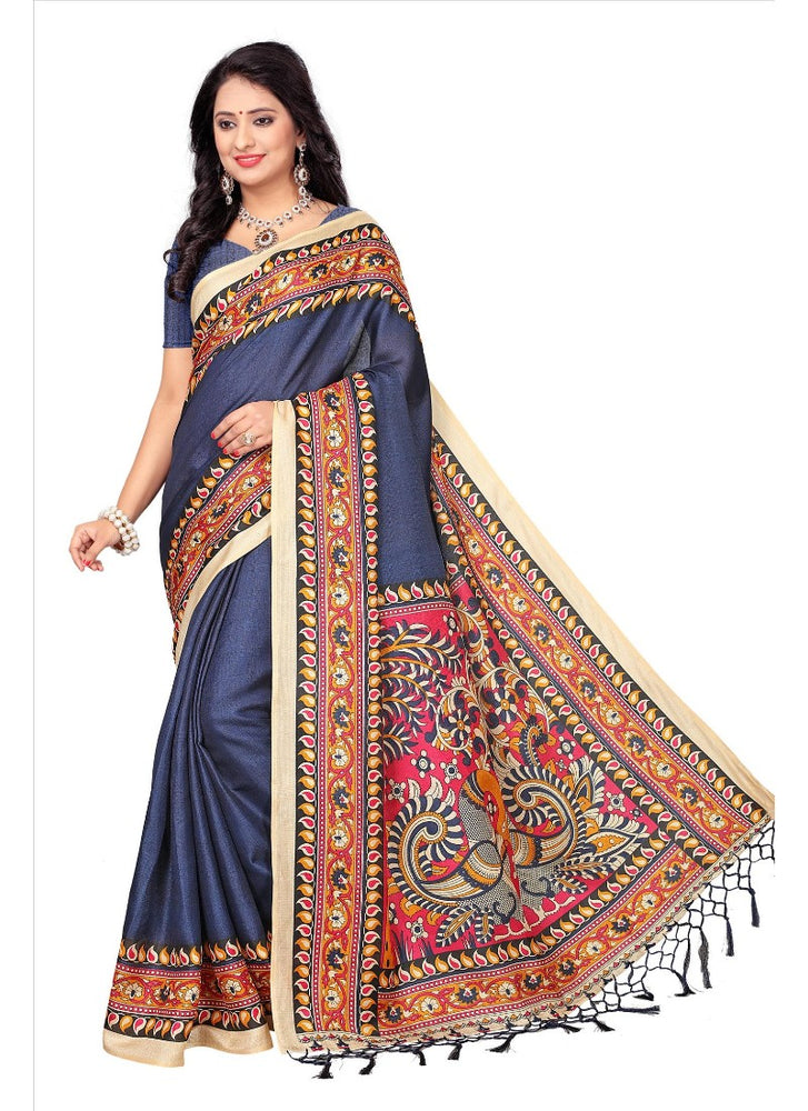 Blue Color Printed Khadi Silk Jhalor Saree With Blouse only in Bigswipe