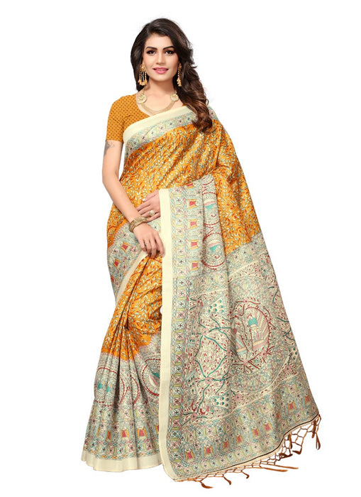 Golden Color Printed Khadi Silk Jhalor Saree With Blouse only in Bigswipe