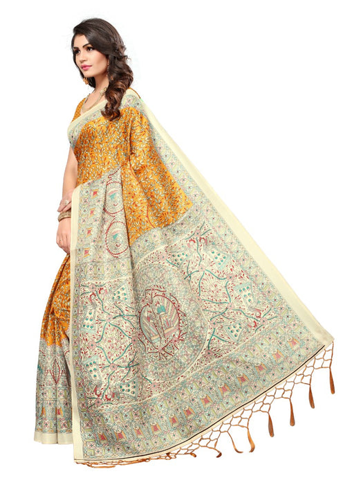 Golden Color Printed Khadi Silk Jhalor Saree With Blouse only in Bigswipe