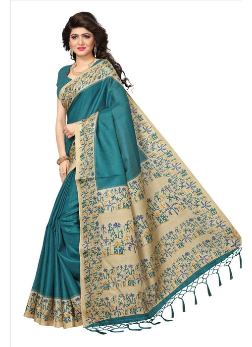 Turquoise Color Printed Khadi Silk Jhalor Saree With Blouse