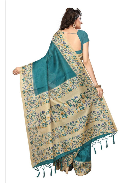 Turquoise Color Printed Khadi Silk Jhalor Saree With Blouse