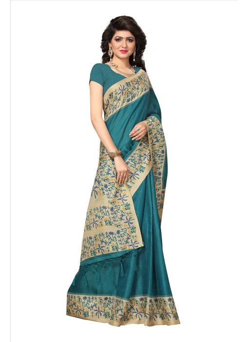 Turquoise Color Printed Khadi Silk Jhalor Saree With Blouse