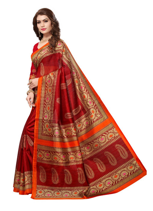 Red Color Printed Bhagalpuri Silk Saree With Blouse