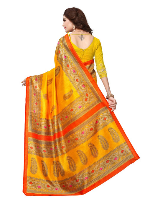 Yellow Color Printed Bhagalpuri Silk Saree With Blouse