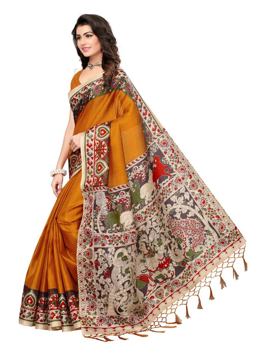 Golden Color Printed Khadi Silk Jhalor Saree With Blouse only in Bigswipe