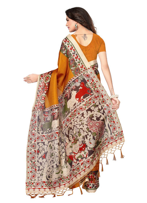 Golden Color Printed Khadi Silk Jhalor Saree With Blouse only in Bigswipe