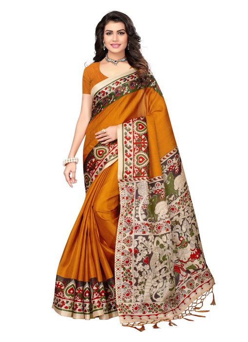 Golden Color Printed Khadi Silk Jhalor Saree With Blouse only in Bigswipe