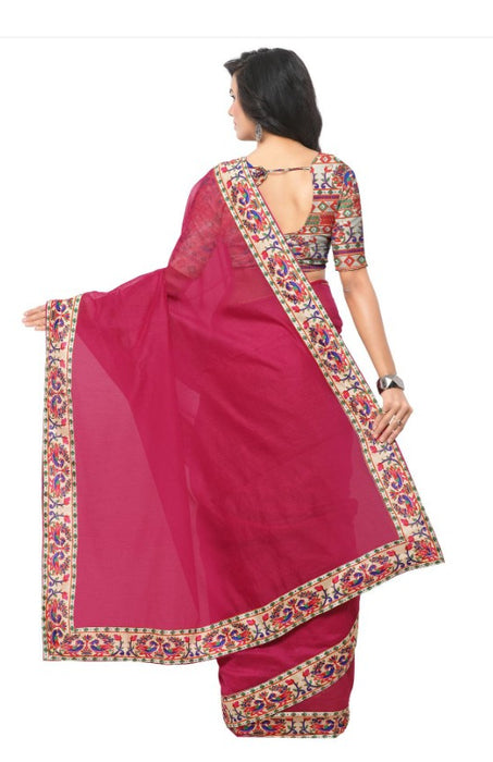 Pink Color Printed Chanderi Saree With Blouse only in Bigswipe