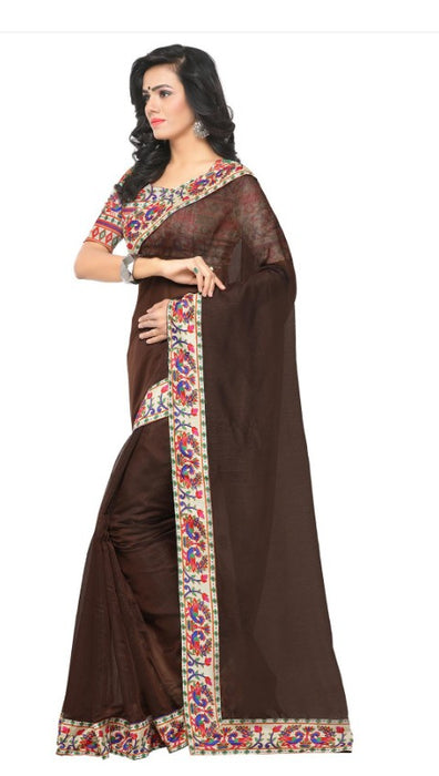 Brown Color Printed Chanderi Saree With Blouse only in Bigswipe