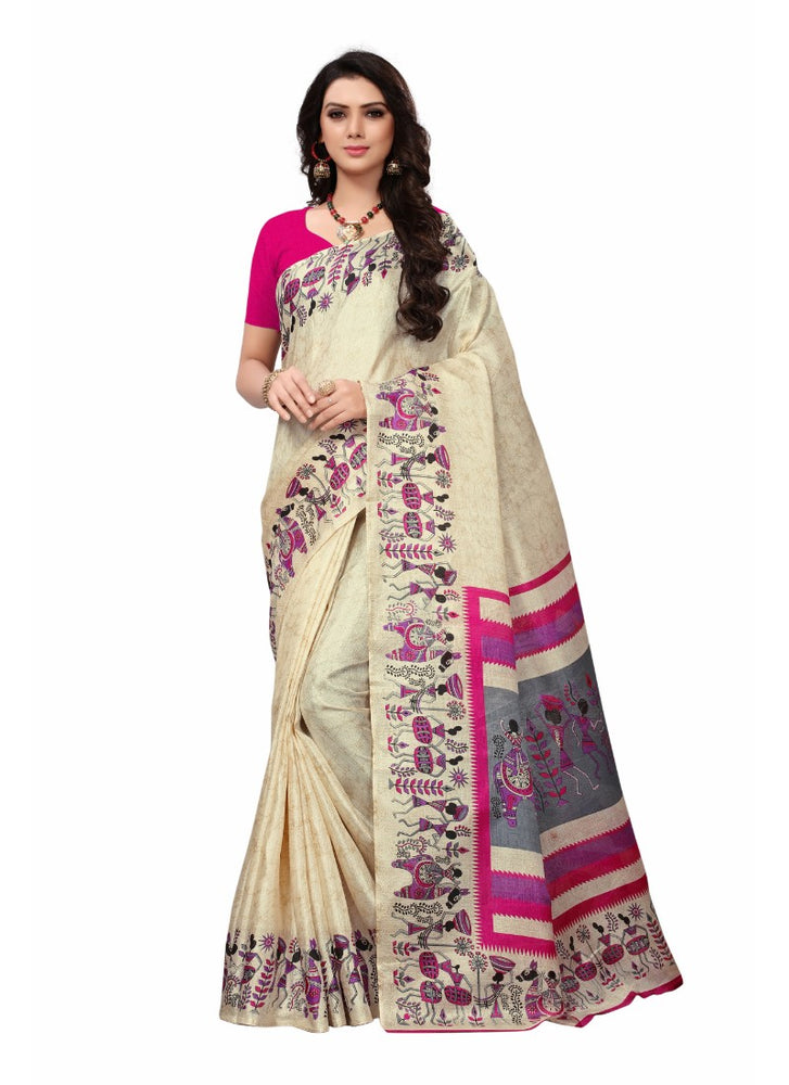 Offwhite and pink Color Printed Khadi Silk Saree With Blouse only in Bigswipe