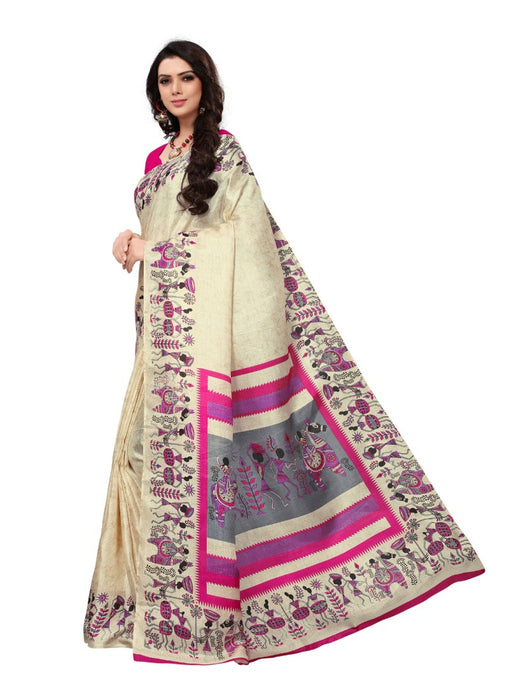 Offwhite and pink Color Printed Khadi Silk Saree With Blouse only in Bigswipe