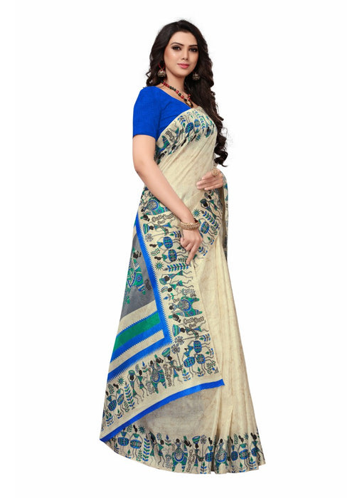 Offwhite and blue Color Printed Khadi Silk Saree With Blouse only in Bigswipe