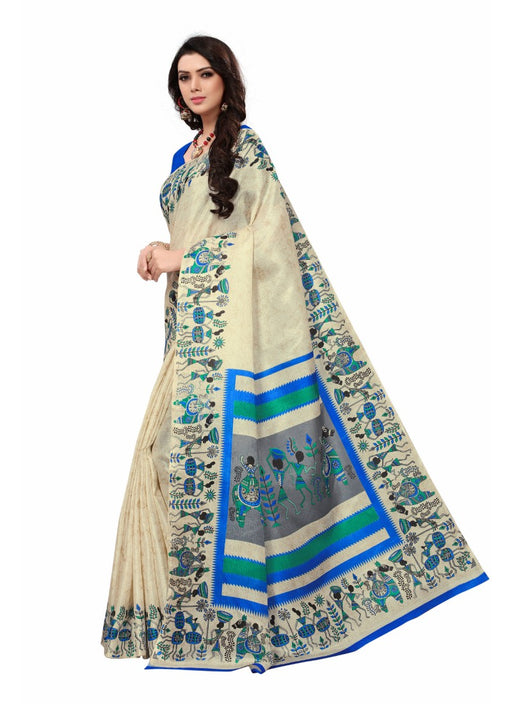 Offwhite and blue Color Printed Khadi Silk Saree With Blouse only in Bigswipe