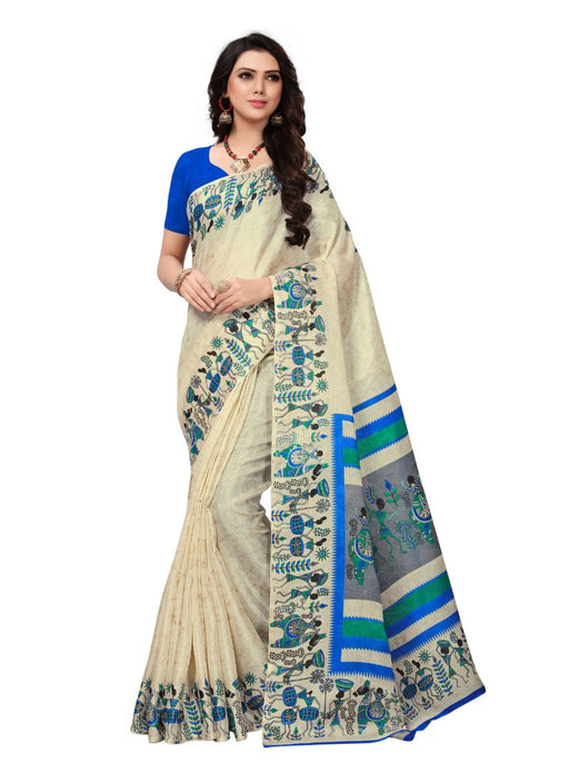 Offwhite and blue Color Printed Khadi Silk Saree With Blouse only in Bigswipe