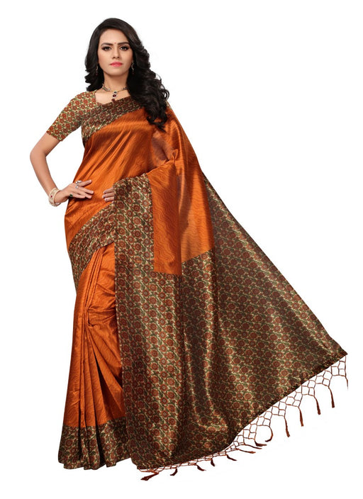 Orange Color Printed Mysore kalamkari Silk with jhalor Saree With Blouse only in Bigswipe