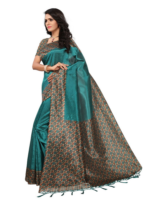 turquoise Color Printed Mysore kalamkari Silk with jhalor Saree With Blouse