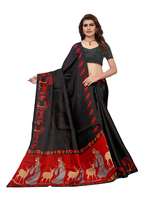 Black Color Printed Khadi Silk Saree With Blouse only in Bigswipe