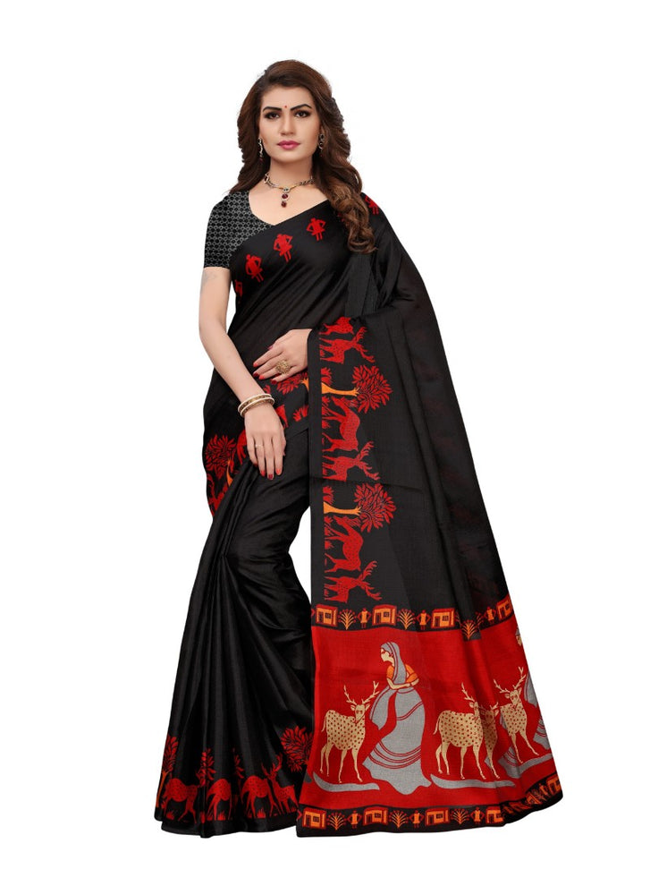 Black Color Printed Khadi Silk Saree With Blouse only in Bigswipe