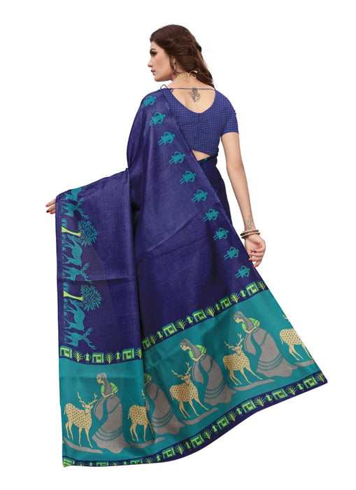 Blue Color Printed Khadi Silk Saree With Blouse only in Bigswipe