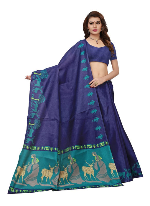 Blue Color Printed Khadi Silk Saree With Blouse only in Bigswipe