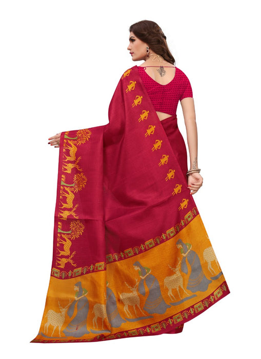 Red Color Printed Khadi Silk Saree With Blouse