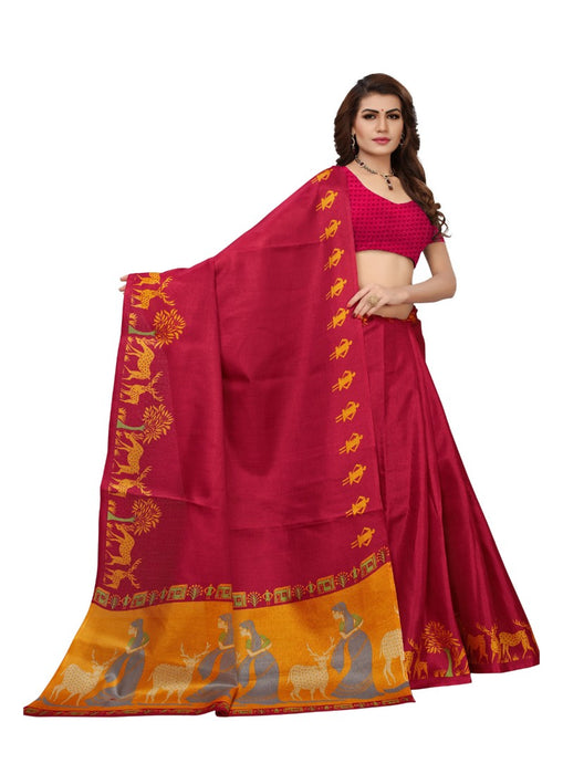 Red Color Printed Khadi Silk Saree With Blouse