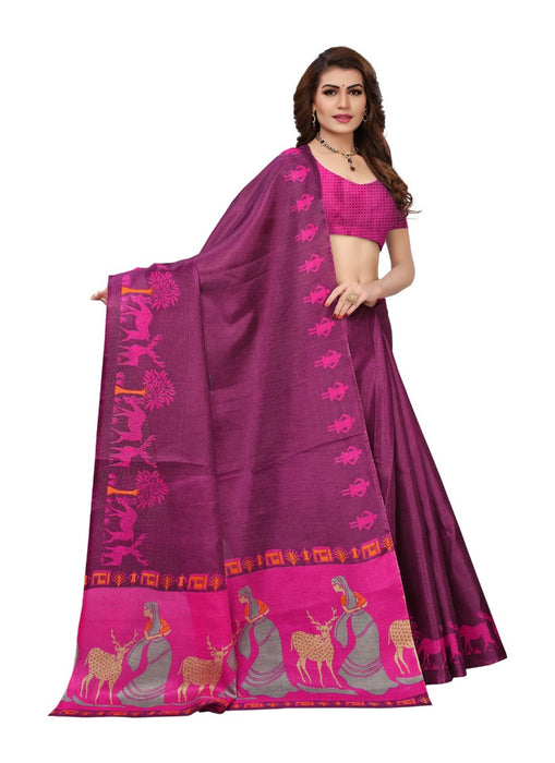 Purple Color Printed Khadi Silk Saree With Blouse